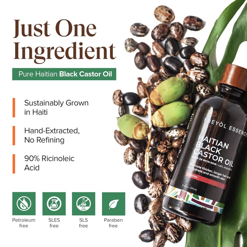Kreyol Essence - Haitian Black Castor Oil for Skin and Hair, Glass Bottle - Fuller-Looking Hair, Pure, Hexane Free, Cold Pressed, Natural Humectant (Original, 3.4 fl oz)
