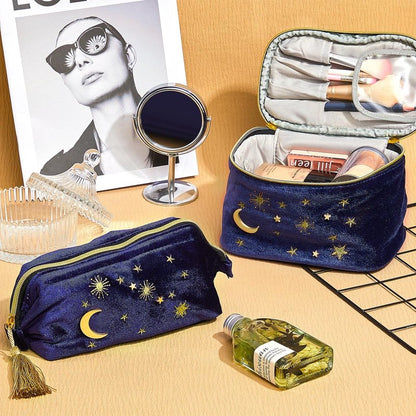 Patelai 2 Pcs Velvet Makeup Bag Moon Stars Cosmetic Bags Goth Embroidered Makeup Pouch Portable Travel Starry Pouch Toiletry Wash Bags Cute Storage Clutch Handbags for Women Gifts(Navy Blue)