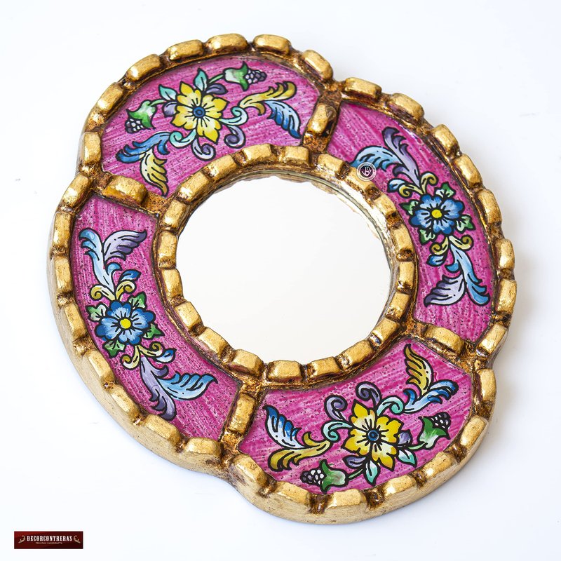DecorContreras Peruvian Mirror Wall - Handmade Reverse Painted Glass Art - Elegant Miniature Oval Mirror for Gallery Wall - Unique 6" x 5.1" (Pink)