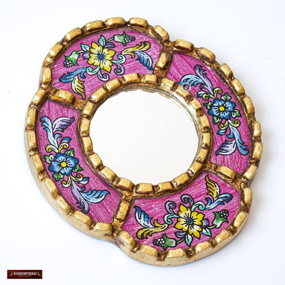 DecorContreras Peruvian Mirror Wall - Handmade Reverse Painted Glass Art - Elegant Miniature Oval Mirror for Gallery Wall - Unique 6" x 5.1" (Pink)