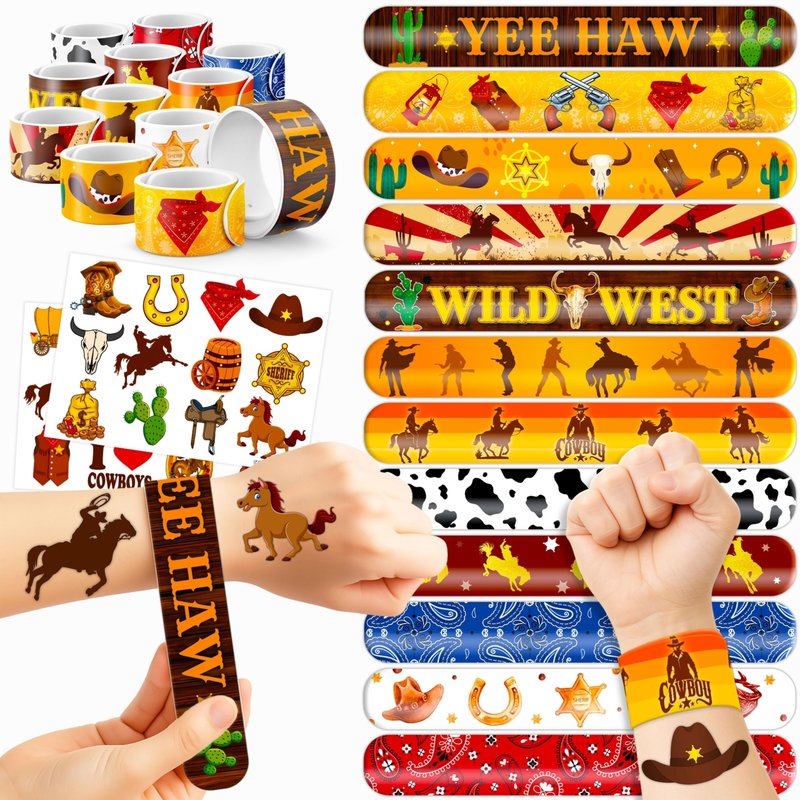48PCS Cowboy Party Set - 24PCS Temporary Tattoos & 24PCS Slap Bracelets - Wild West-Themed Birthday Supplies, Baby Shower Gifts, Classroom Rewards & Party Decor for Kids (Boys & Girls)