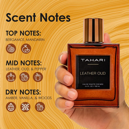 TAHARI Leather Oud Eau de Toilette for Men – Long-Lasting Luxury Cologne Spray with Bergamot, Leather & Amber Scent – Bold, Masculine, Sophisticated Oud Fragrance Spray 3.4 fl oz / 100 mL