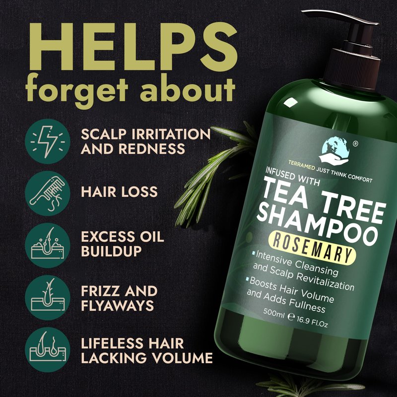 Rosemary Shampoo and Conditioner Set Infused with Tea Tree & Rosemary Oils for Scalp Relief and Hair Growth | Sulfate Free, Soothes Dry Scalp, Boosts Shine + Free Scalp Brush | 16.9 fl oz