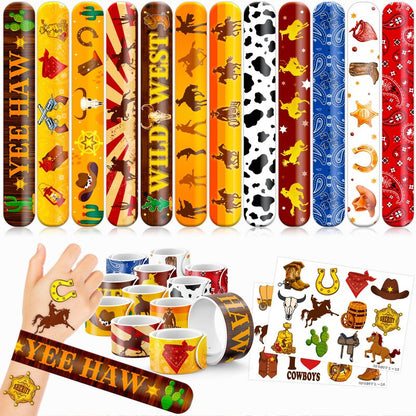 48PCS Cowboy Party Set - 24PCS Temporary Tattoos & 24PCS Slap Bracelets - Wild West-Themed Birthday Supplies, Baby Shower Gifts, Classroom Rewards & Party Decor for Kids (Boys & Girls)
