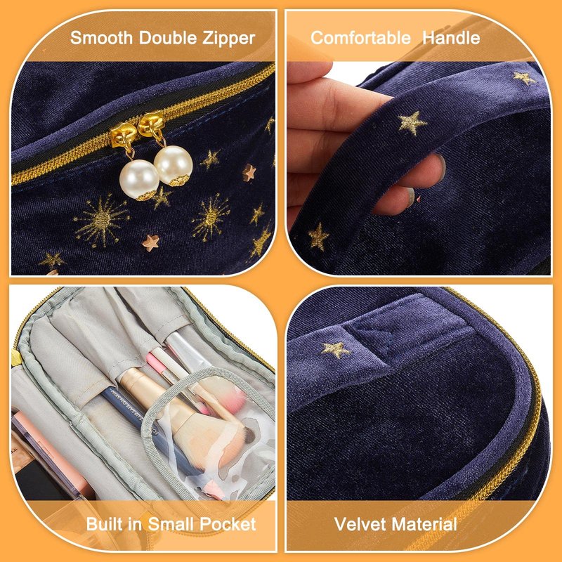 Patelai 2 Pcs Velvet Makeup Bag Moon Stars Cosmetic Bags Goth Embroidered Makeup Pouch Portable Travel Starry Pouch Toiletry Wash Bags Cute Storage Clutch Handbags for Women Gifts(Navy Blue)