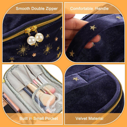 Patelai 2 Pcs Velvet Makeup Bag Moon Stars Cosmetic Bags Goth Embroidered Makeup Pouch Portable Travel Starry Pouch Toiletry Wash Bags Cute Storage Clutch Handbags for Women Gifts(Navy Blue)